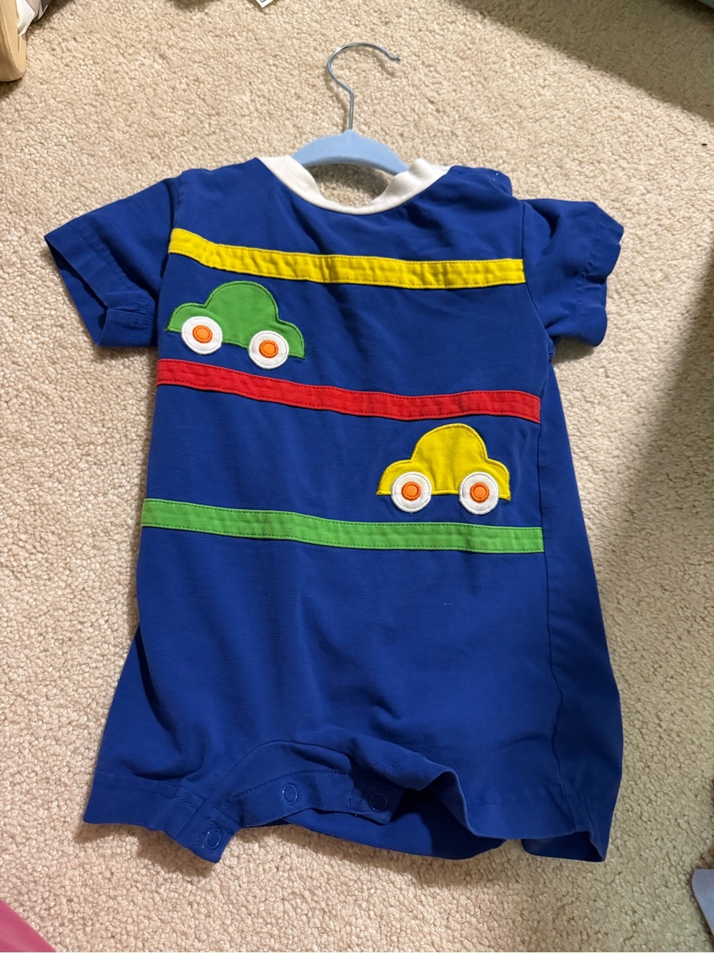 Florence Eiseman Navy Blue Baby One-Piece with Green & Yellow Car Appliqués